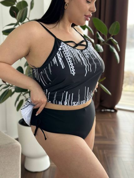 Чорний купальник танкіні  PLUS SIZE з білим принтом | Зображення 6