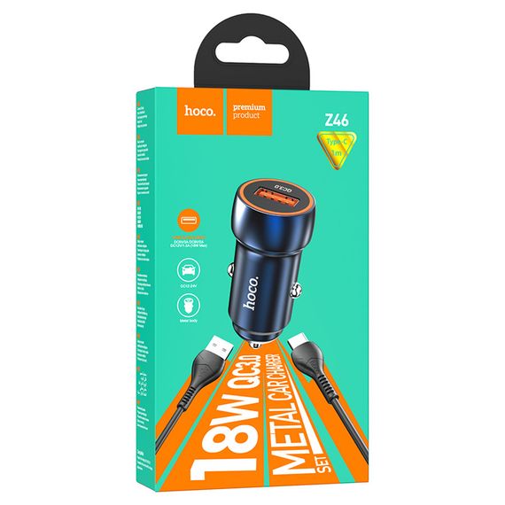 Набір АЗУ 12-24V HOCO Z46 + кабель Type-C, 1xUSB, 18W, кабель 1м, Blue, Box | Зображення 1