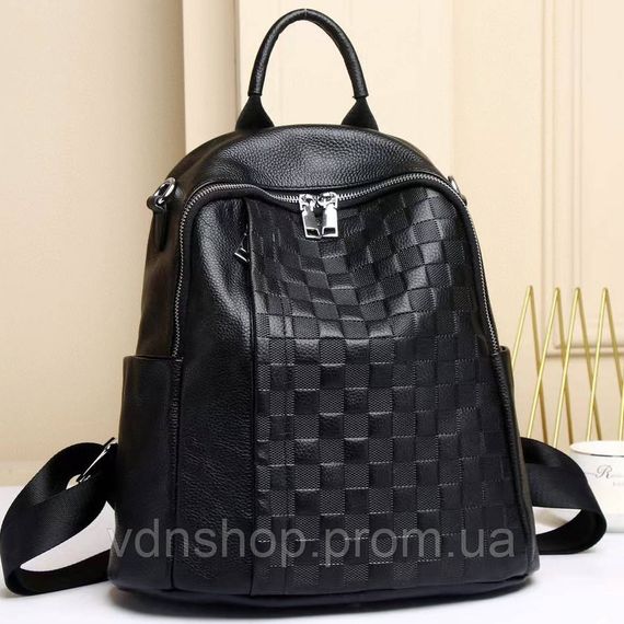 Шкіряний жіночий рюкзак з тисненням 25х30х11, сумка наплічна з шахматним візерунком, чорна | Зображення 4