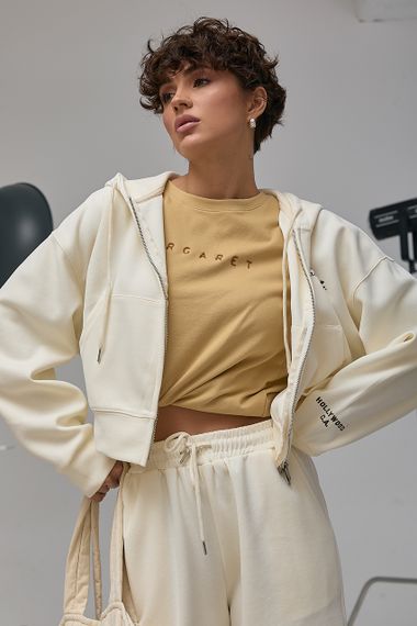 Спортивний костюм вільного фасону з вишитим написом - кремовий цвет, M/L (є розміри) | Зображення 2