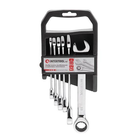 Набір ключів комбінованих, з тріскачкою, 6 шт., 8-19 мм, Cr-V, професійний, DIN3113 INTERTOOL XT-1301