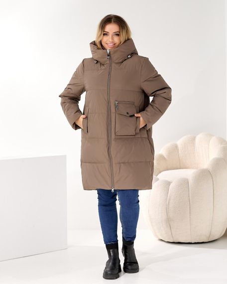 Стильний оливковий пуховик на зиму з кишенею для мобільного в великих розмірах | Зображення 3