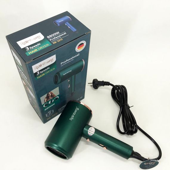Фен Rainberg RB-2212 8800 W с регуляцией температуры и скорости для сушки и укладки волос. UZ-372 Цвет: зеленый | Зображення 3