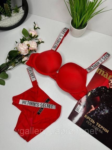 Жіночий комплект спідньої білизни Victoria`s Secret зі стразами, Комплект Вікторія Сікрет зі стразами Преміум якості, Червоний, 75B | Зображення 1