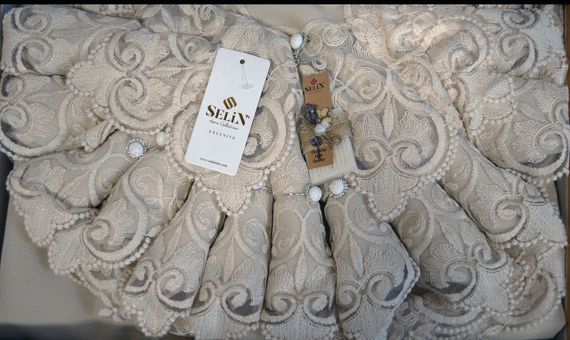 Лляна скатертина з ранером Selin Cagla Set 160×300+12 серветок Бежева | Зображення 3