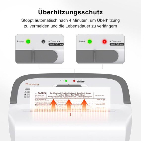 Шредер для паперу Bonsaii на 8 аркушів із рівнем безпеки P-4, перехресне різання 5×14 мм, скріпок, карток бак 13 л, білий | Зображення 3