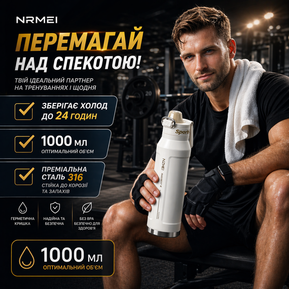 Спортивна термопляшка NRMEI 1000 мл (кремова/біла) — Вакуумна термопляшка з нержавіючої сталі Fashion Style для тренувань | Зображення 8