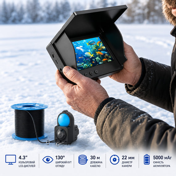 Підводна камера AOERWEI для риболовлі 4.3", LCD-дисплей, 5000 мАг, кабель 30 м— Ехолот для зимової риболовлі під лід | Зображення 4