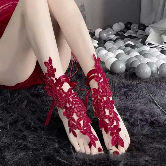 Кружевные цветочные гольфы с завязками XS/S/М/L (1,2,3,4) Бордовый – Эротическое бельё | Зображення 3