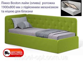 Односпальне м'яке ліжко Boston кольору лайм (олива), спальне місце 1900х800 мм з підйомним механізмом і нішею для білизни