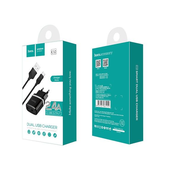 Набір СЗУ HOCO C12 Smart+кабель Micro, 2xUSB, 2.4A, кабель 1м, Black, Blister | Зображення 4