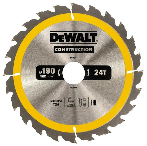 Диск пилковий DeWALT СONSTRUCTION 190 х 30 мм (DT1944)