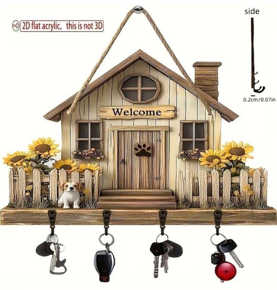 Ключница настенная в форме деревянной виллы, 2D дизайн, 4 металлически  крючка  20*25