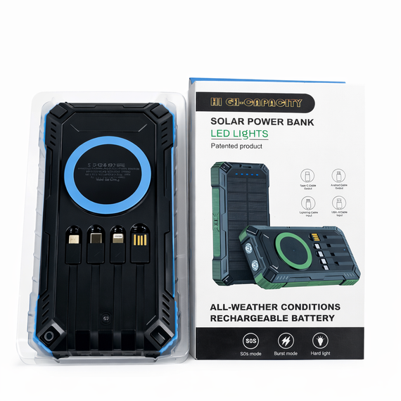 Мощный туристический Power Bank 50000 mAh с солнечной батареей, беспроводной зарядкой и 4 встроенными кабелями (Fast Charge 22.5W) | Зображення 2