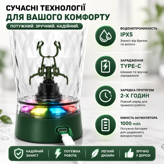 Заряжаемый зеленый шейкер 650 мл с LED-подсветкой и контейнером для смеси | Зображення 6