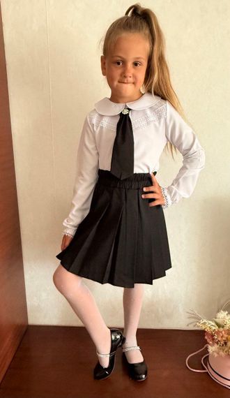 Детская школьная блуза на девочку с кружевом с длинными рукавами цвет белый размер 122, SBR240 | Зображення 3