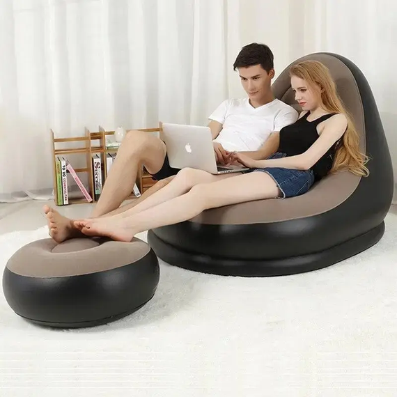Надувной диван с пуфом Air Sofa / Надувное велюровое кресло с пуфиком+насос Бежевый | Зображення 1