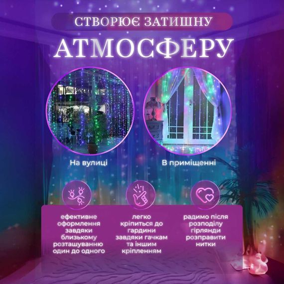 Гирлянда штора 2х2 м 240 LED светодиодная медный провод 8 нитей ZWM2240LEDML | Зображення 6