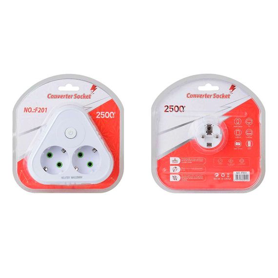 Розетка трійник із заземленням F201-White з вимикачем, 2 розетки, 2500W, 10A | Зображення 1