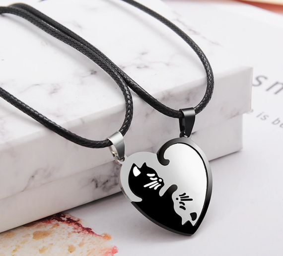 Парная подвеска Primo для двоих с кулоном "Сердце коты Инь-Янь" - Silver/Black | Зображення 3