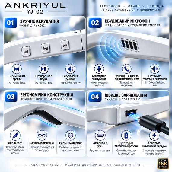 Розумні окуляри ANKRIYUL YJ-02 Bluetooth з відкритими динаміками та мікрофоном, заряджання Type-C, білі з чорними лінзами | Зображення 11