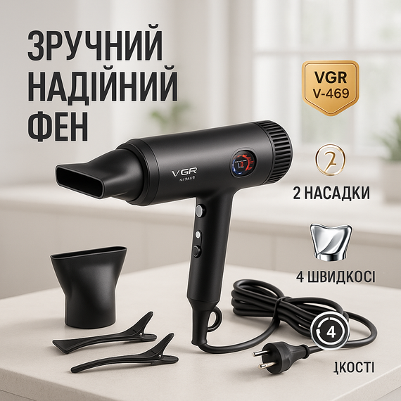 Фен для разных типов волос VGR V-469 2400Вт, Профессиональный фен оригинал с мощным мотором AT-16