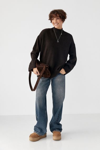 Теплий жіночий светр із широкими рукавами - темно-коричневий цвет, ONE SIZE (є розміри) | Зображення 2