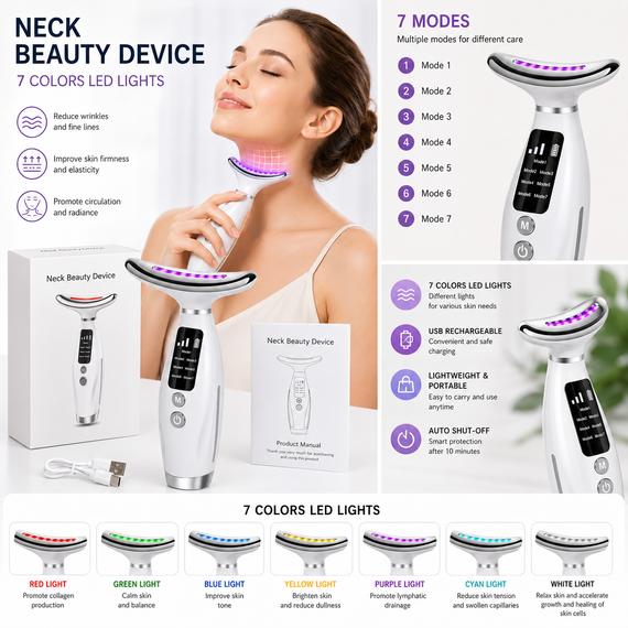 7в1 LED Масажер для шиї та обличчя з підігрівом NeckLift Pro — Антивіковий ліфтинг + 7 кольорів світлотерапії | Зображення 2
