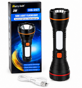 Фонарь ручной Hurry Bolt HB-997 с боковой лампой мощный светодиодный фонарик с аккумулятором зарядка от USB 3W Черный