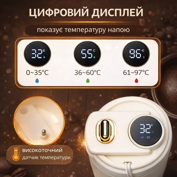 Термокухоль 450 мл з LED-дисплеєм температури, нержавіюча сталь, білий — Розумна термочашка для кави та чаю | Зображення 3