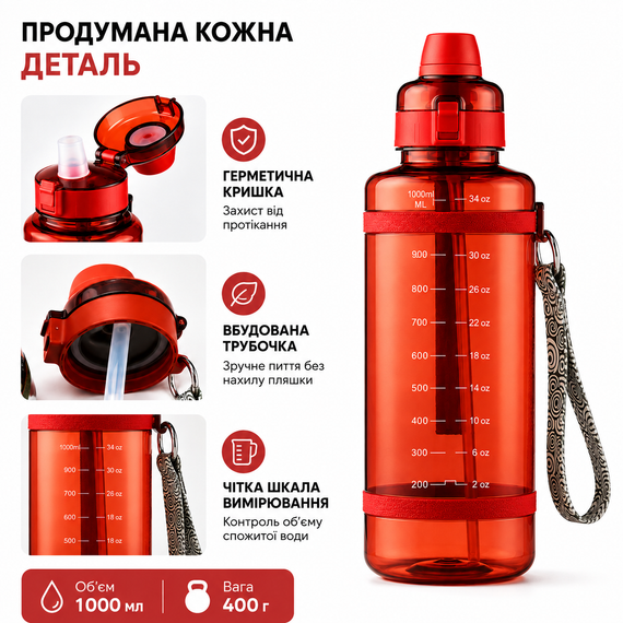 Удобная спортивная бутылка с соломинкой 1000 мл из тритана красная | Зображення 4