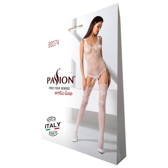 Ажурний бодістокінг з імітацією панчіх Passion BS074 white, One size | Зображення 3