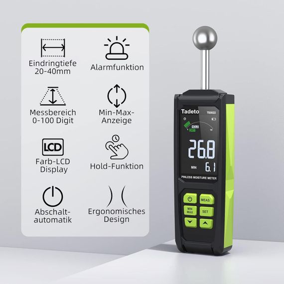 Вологомір, Вимірювач вологості TE0022 з глибиною аналізу 20-40 мм, кольоровим РК-дисплеєм, | Зображення 1