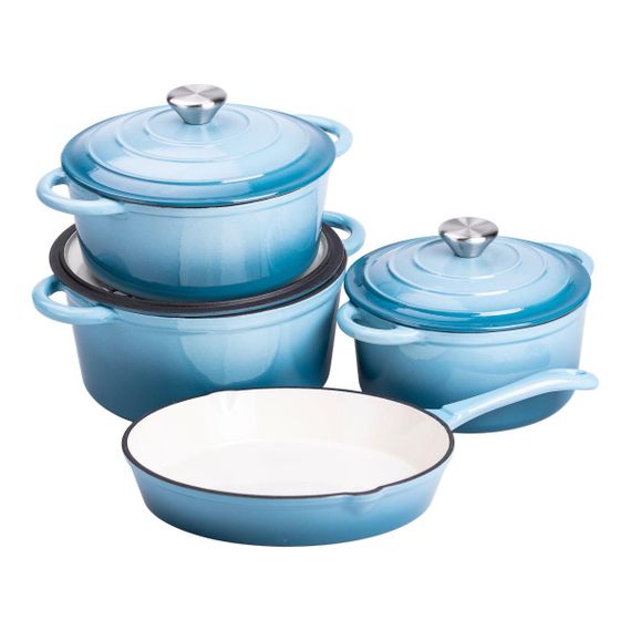 Набір чавунного посуду для приготування 3 каструлі та сковорода з емальованим покриттям Блакитний HP-1-7