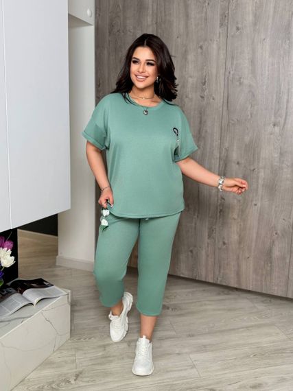 Женский летний костюм футболка и укороченные штаны большие размеры и батал KF090 цвет фисташковый, размер 56/60 | Зображення 1