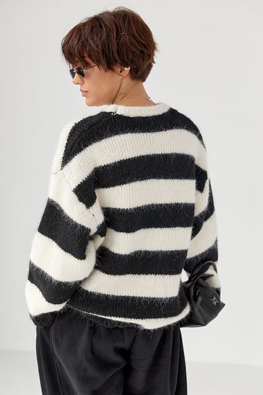 Теплий светр оверсайз у смужку - молочний цвет, ONE SIZE (є розміри) | Зображення 1