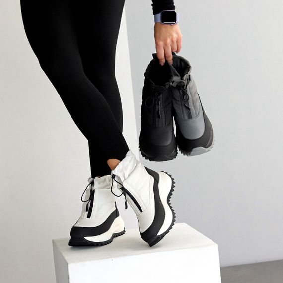 Спортивные черно-белые ботинки дутики водонепроницаемые с фиксатором | Зображення 8