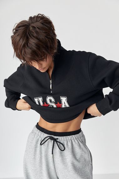 Теплий світшот з блискавкою на комірі - чорний цвет, M (є розміри) | Зображення 1