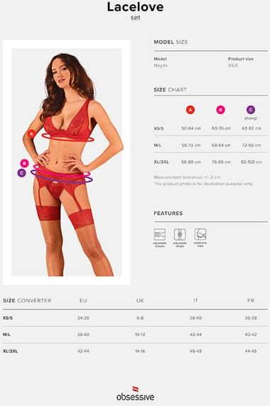 Комплект с поясом для чулок Obsessive Lacelove set Красный XL/2XL | Зображення 8