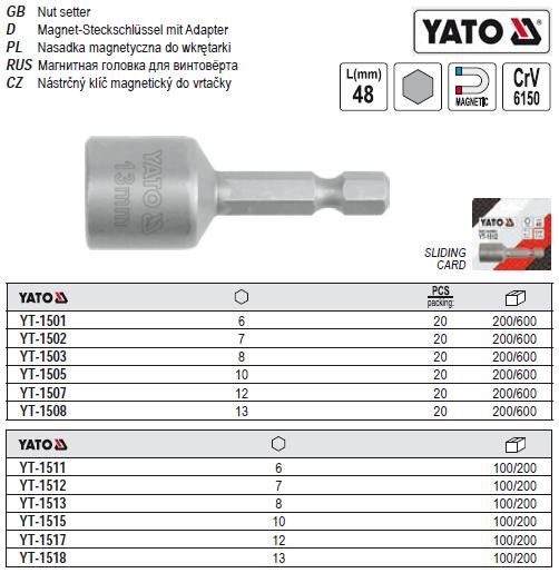 Насадка головка торцева 6-гранна магнітна 1/4" 10х48мм CrV YATO-1505