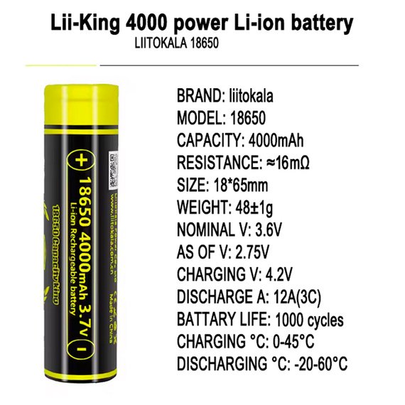 Аккумулятор 18650, LiitoKala King 4000, 4000 мАч | Зображення 2