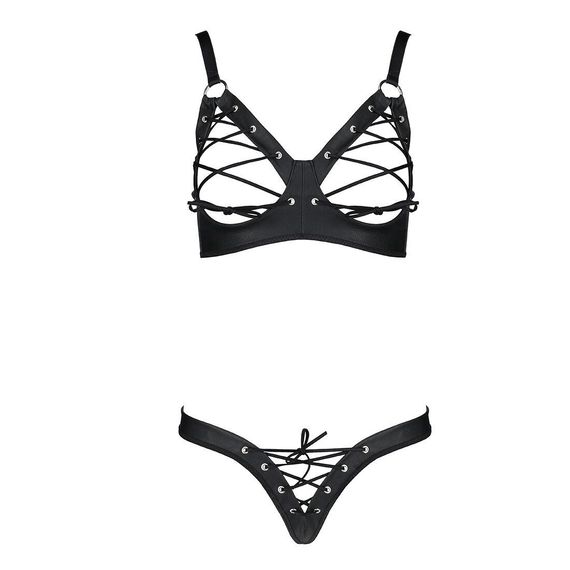 Комплект з екошкіри CELINE BIKINI black XXL/XXXL — Passion: відкритий бра зі стрічками, стрінги зі ш | Зображення 2