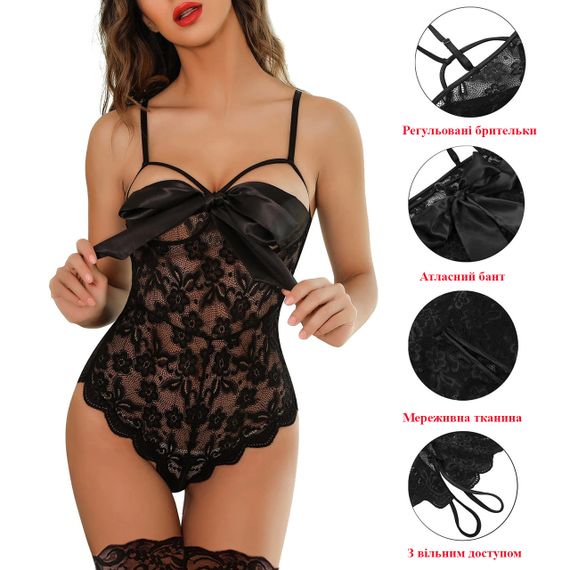 Еротичний чорний мереживний боді з бантом на грудях та інтимним вирізом (розмір XL) | Зображення 2