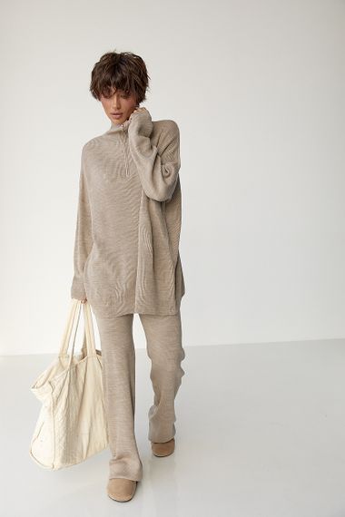 Вільний костюм в рубчик зі светром і прямими штанами - кавовий цвет, ONE SIZE (є розміри) | Зображення 4