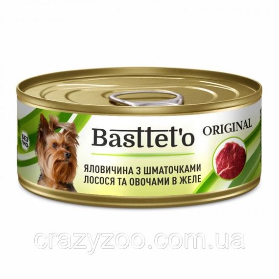 Вологий корм для собак Basttet`o Original яловичина зі шматочками лосося та овочами в желе 85 г