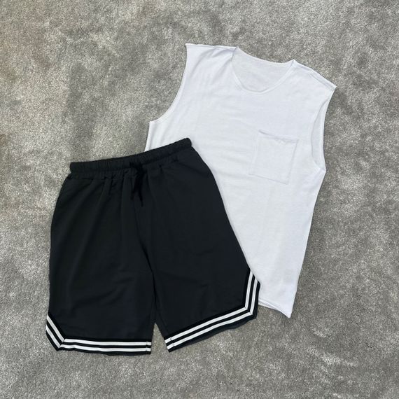 Мужской летний костюм майка и шорты BD0037 цвет белый + черный, размер L | Зображення 1