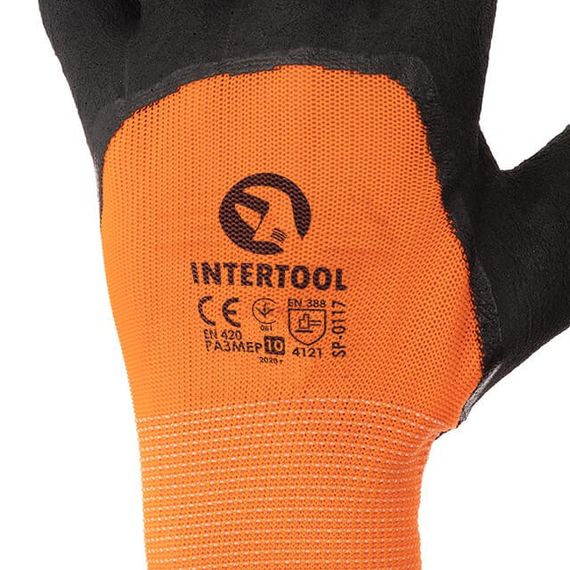 Рукавичка помаранчева в'язана синтетична, посилена, покрита чорним спіненого латексу 10 " INTERTOOL SP-0117 | Зображення 2