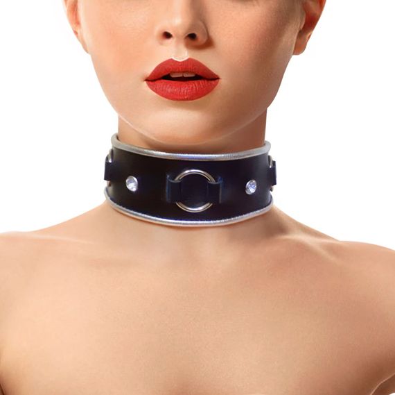 Ошейник из натуральной кожи со стразами и кольцом Art of Sex Collar Ring, Черный, One Size | Зображення 6