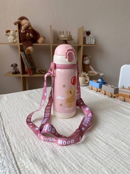 Термос дитячий для напоїв з трубочкою 450мл Рожевий з малюнком | Зображення 2