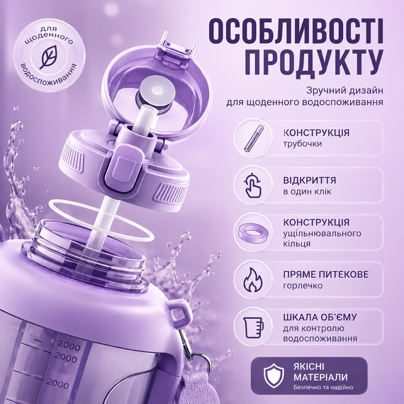 Спортивная бутылка для воды Tritan 2200 мл с ручкой и ремешком, Фиолетовая (Тритановая бутылка большой емкости) | Зображення 4